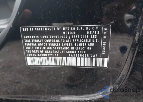 2013 Volkswagen Jetta 2.0L S из США, поврежденный, VIN 3VW2K7AJ8DM222711